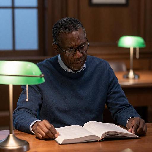 Middle-aged man reading in library
