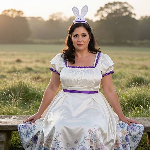 Photograph of a curvy woman with dark hair, wearing a white dress with purple trim and bunny ears, seated on a wooden bench in a sun