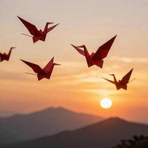 Origami Cranes Gliding at Sunset