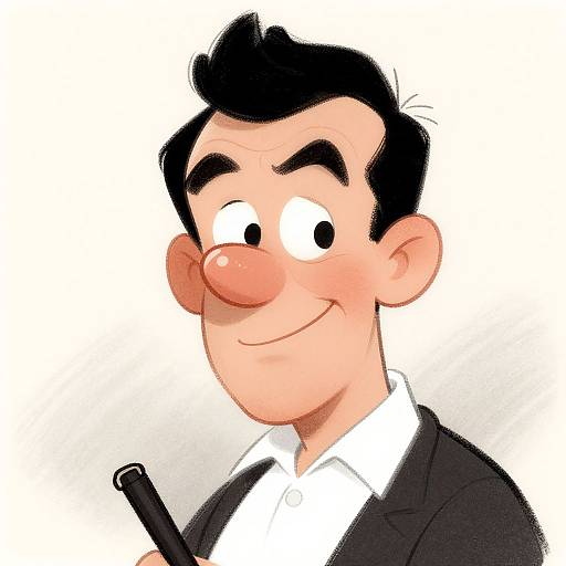 Cartoon-style drawing of a smiling man with black hair, large nose, white shirt, black suit, holding a pen, white background.