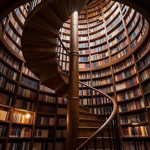Photograph of a grand library with a spiral wooden staircase in the center, surrounded by towering bookshelves filled with colorful books, illuminated by warm,
