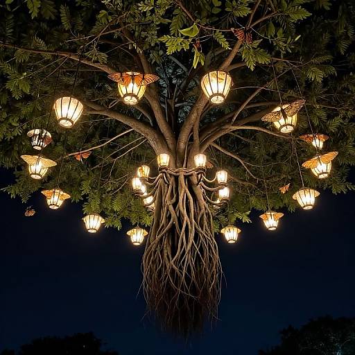 Photograph of a tree with numerous glowing lanterns hanging from its branches, against a dark night sky, highlighting intricate root system.