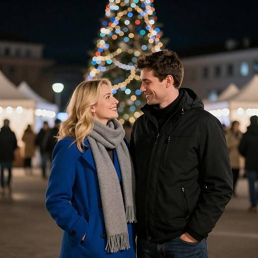 Romantic Nighttime Couple with Christmas Lights