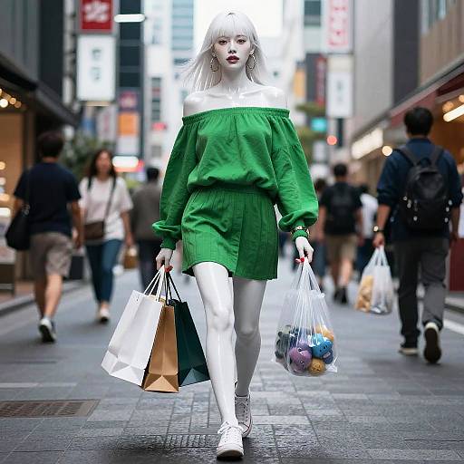 Photograph of a pale-skinned woman with white hair, wearing a green off-shoulder dress, white leggings, and white sneakers, walking through
