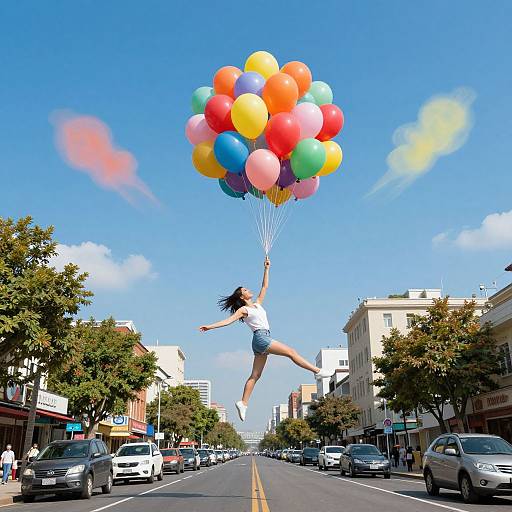 Photograph of a woman in a white tank top and denim shorts, jumping mid-air while holding a colorful balloon bouquet on a sunny urban street.