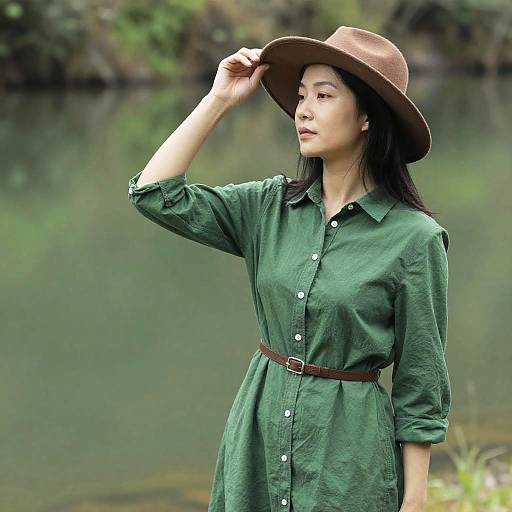 Asian woman in green dress and brown hat, adjusting hat, standing by a calm river, blurred greenery background, photograph.