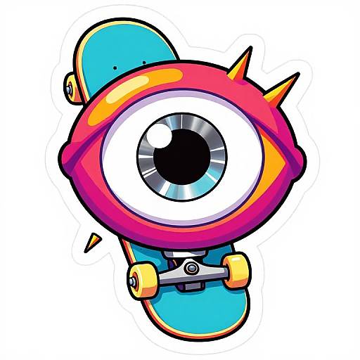 Vibrant cartoon illustration of a red, spike-adorned, wide-eyed skateboard with blue wheels and yellow trucks, set against a white background.