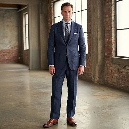 Photograph of a serious, tall, Caucasian man in a dark blue pinstripe suit, white shirt, patterned tie, and brown leather shoes