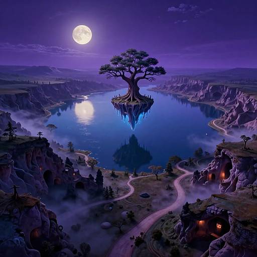 Fantasy digital artwork of a glowing full moon illuminating a mystical island tree with a floating reflection in a misty, winding valley.