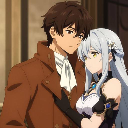 Anime-style digital drawing of a brown-haired man in a brown coat and white shirt, holding a white-haired woman with yellow eyes, wearing a black and