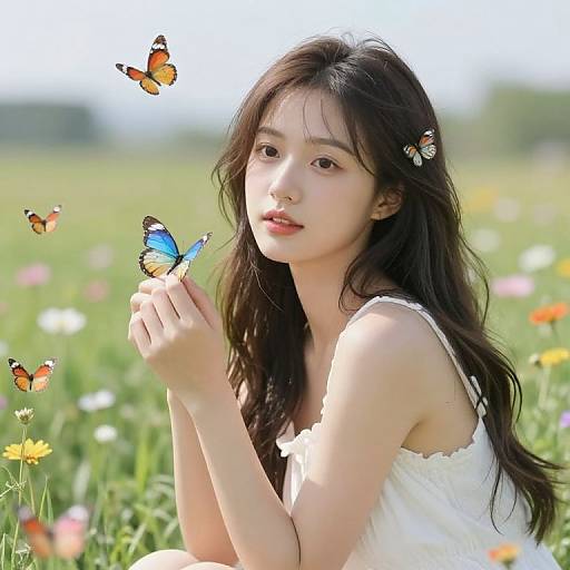 Photograph of an Asian woman with long black hair, wearing a white sleeveless dress, gently holding a blue butterfly in a sunlit meadow filled