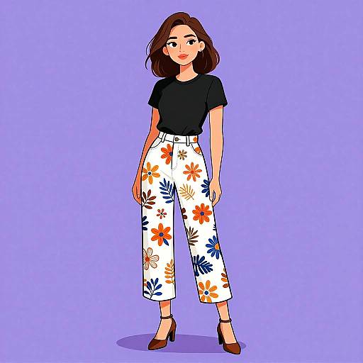 Chic Woman in Floral High-Waisted Trousers