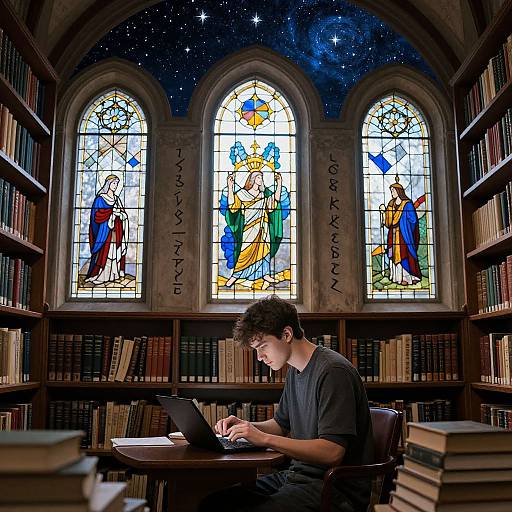 Young Man Studying in Magical Library