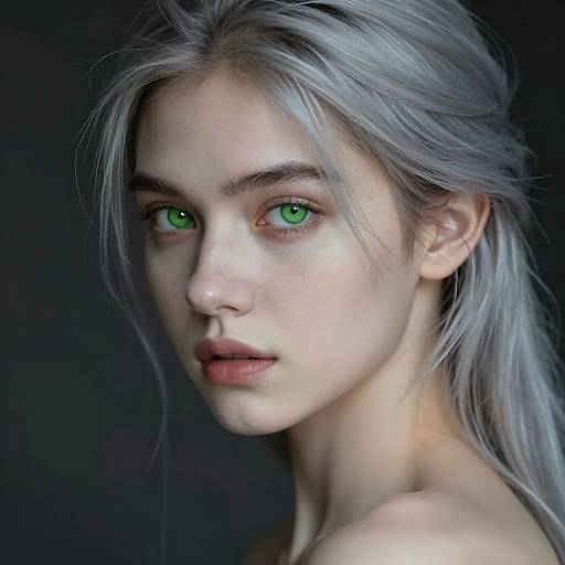 Digital portrait of a young woman with striking silver hair, piercing green eyes, and pale skin, against a dark background.