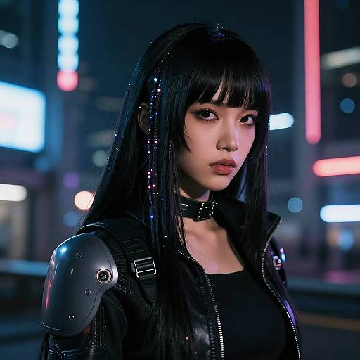 Cyberpunk digital art of an Asian woman with black hair, glowing neon lights, robotic shoulder, black leather jacket, and choker in a neon
