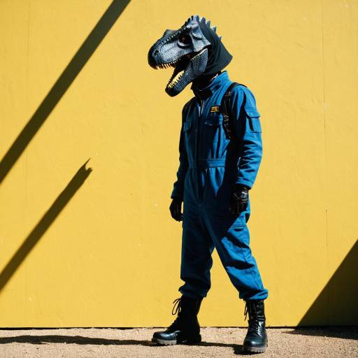 Person in Dinosaur Helmet and Blue Jumpsuit