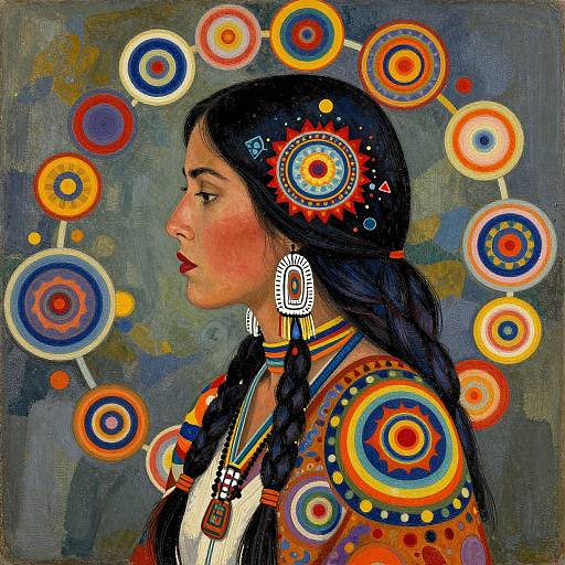 Digital painting of a Native American woman with long black braids, red lips, colorful traditional attire, and large circular patterns in background.