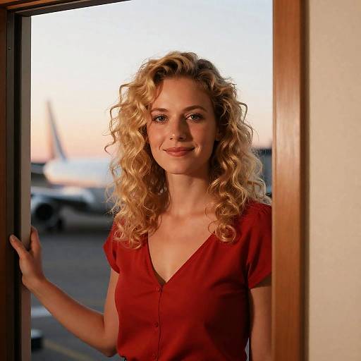 Blonde Woman Standing in Doorway with Airplane Background