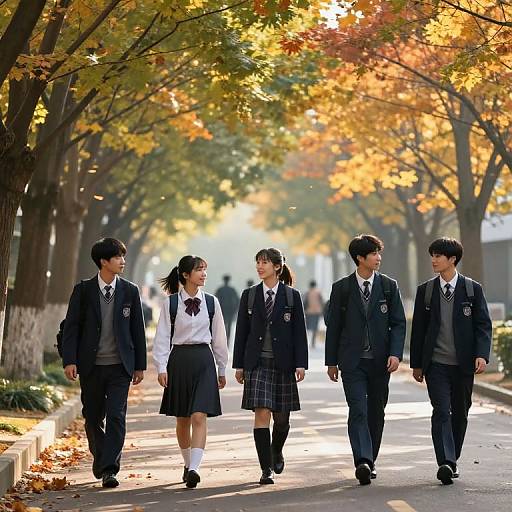 Photograph of five Japanese high school students in uniforms walking down a sunlit, autumn-tree-lined path, with vibrant orange and yellow leaves.