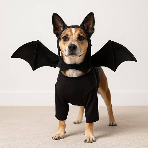 Photograph of a small brown and white Chihuahua wearing a black bat costume with wings, standing on a white floor against a plain white background