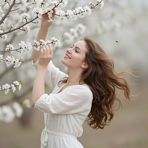 Photograph of a smiling young woman with long brown hair, wearing a white blouse, reaching up to touch white cherry blossoms.