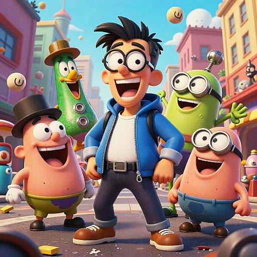CGI cartoon image of a smiling man with black hair and glasses, wearing a blue jacket, surrounded by three excited, wide-eyed, alien-like characters
