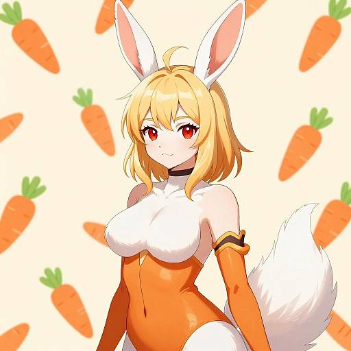 Digital anime-style drawing of a blonde, red-eyed, busty bunny girl in an orange and white outfit, with large ears and a fluffy tail, against
