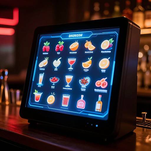 Photograph of a glowing digital drink menu display on a bar counter, showing colorful icons of various cocktails and drinks. Background is blurred with bar lights.