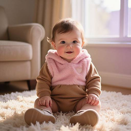 Photograph of a smiling baby with brown hair, wearing a brown sweater and pink fuzzy vest, sitting on a white shaggy rug in a sun