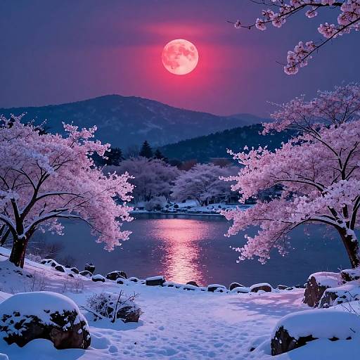 Photograph of a snowy landscape with pink-tinged cherry blossoms, reflecting a bright red full moon over a tranquil lake. Mountains in the background