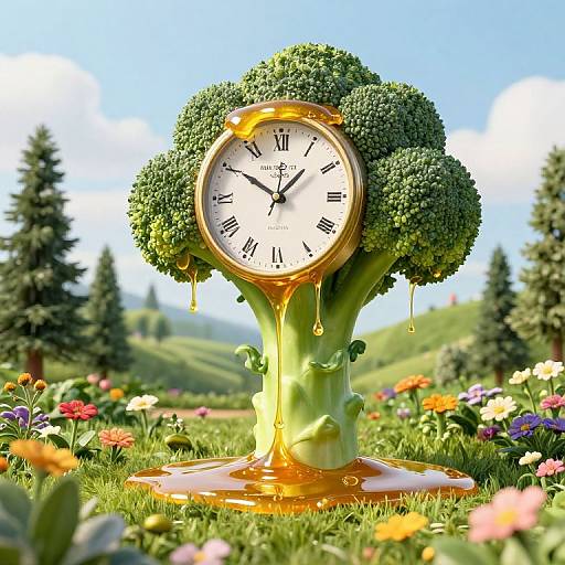 Photograph of a clock with a broccoli stem base, dripping honey, in a vibrant, flower-filled meadow with pine trees and hills.