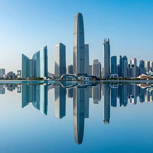 Photograph of a modern city skyline with tall skyscrapers reflected perfectly in a calm, blue water body under a clear sky.