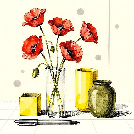 Watercolor Poppies in Geometric Still Life