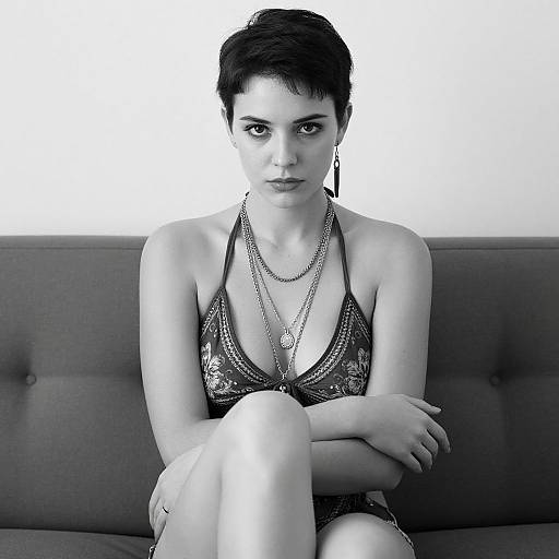 Black and White Portrait of Young Woman Sitting on Couch