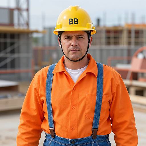 Photograph of a white male construction worker in a bright orange shirt, blue overalls, yellow hard hat labeled 