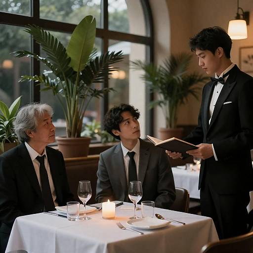 Elegant Dining Scene with Three Men