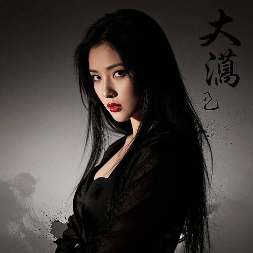 Digital portrait of an Asian woman with long black hair, red lipstick, and black clothing, against a dark, textured background with Japanese characters. Moody,