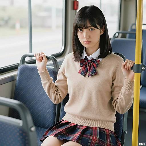 Young Woman in School Uniform on Bus