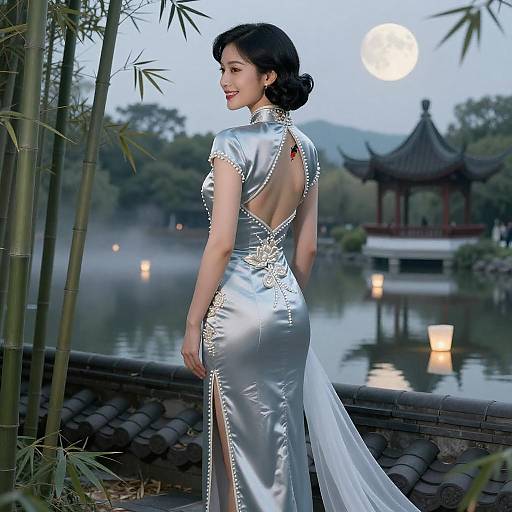 Elegant East Asian Woman in Moonlit Garden