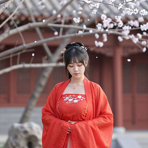 Photograph of an East Asian woman with black hair, wearing a vibrant red kimono adorned with white floral patterns, standing under cherry blossoms in front