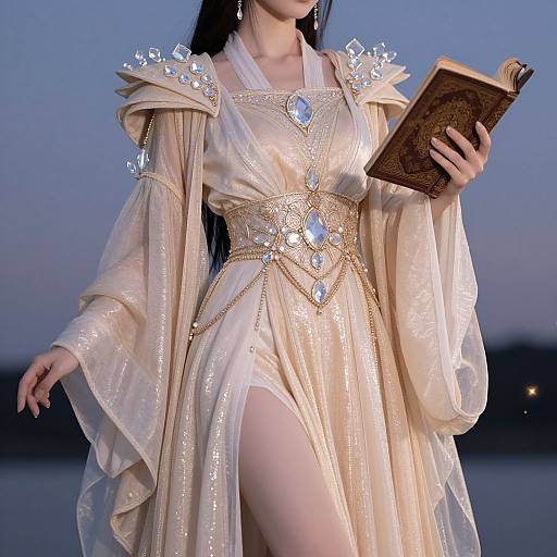 Photograph of an Asian woman in a shimmering, light beige fantasy dress with crystal adornments, holding a book, against a twilight lake background.