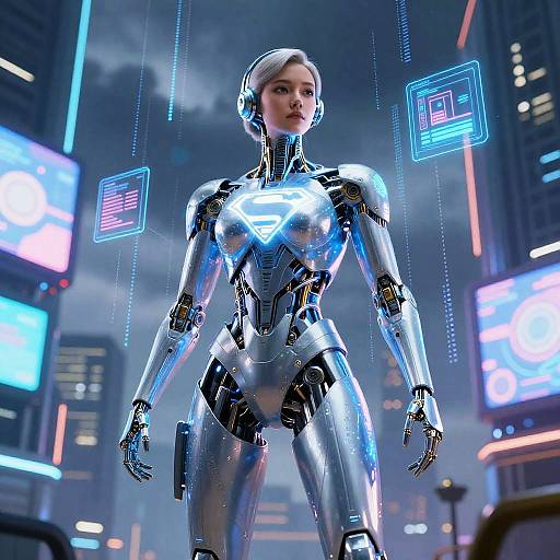 CGI image of a futuristic, silver robotic woman with a sleek, metallic body standing in a neon-lit, cyberpunk cityscape.
