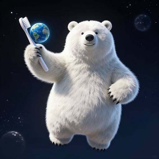 Digital illustration of a white polar bear floating in space, holding a toothbrush with a small, glowing Earth on the bristles.