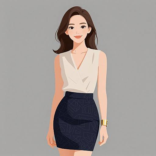 Digital illustration of a smiling woman with fair skin, brown hair, wearing a white sleeveless blouse and navy patterned skirt, gold wristwatch, against