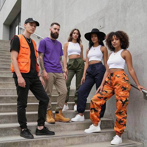 Diverse Group Posing on Concrete Staircase