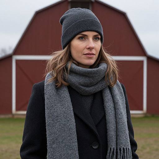 Photograph of a woman with wavy brown hair, wearing a gray beanie, matching scarf, and black coat, standing in front of a red