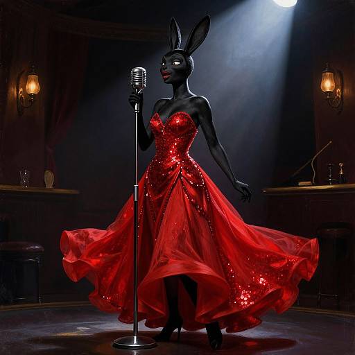 Photograph of a black anthropomorphic rabbit in a sparkling red sequin dress, singing into a vintage microphone on a dimly lit stage with spotlight.