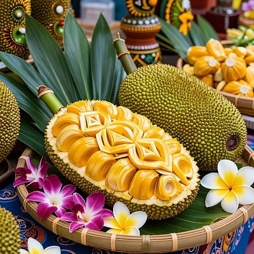Photograph of intricately arranged yellow roses on a durian fruit, surrounded by green leaves, purple and white flowers, and colorful traditional ornaments.