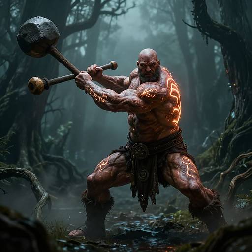 CGI fantasy image: Muscular bald orc with glowing tattoos, wearing loincloth, wields massive hammer in misty, dark forest. Dram