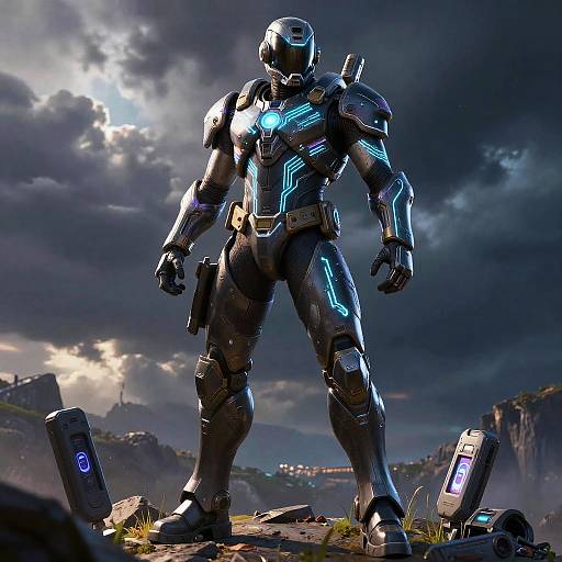 CGI image of a futuristic, armored humanoid standing on a rocky landscape under a stormy sky, glowing blue lights on suit.
